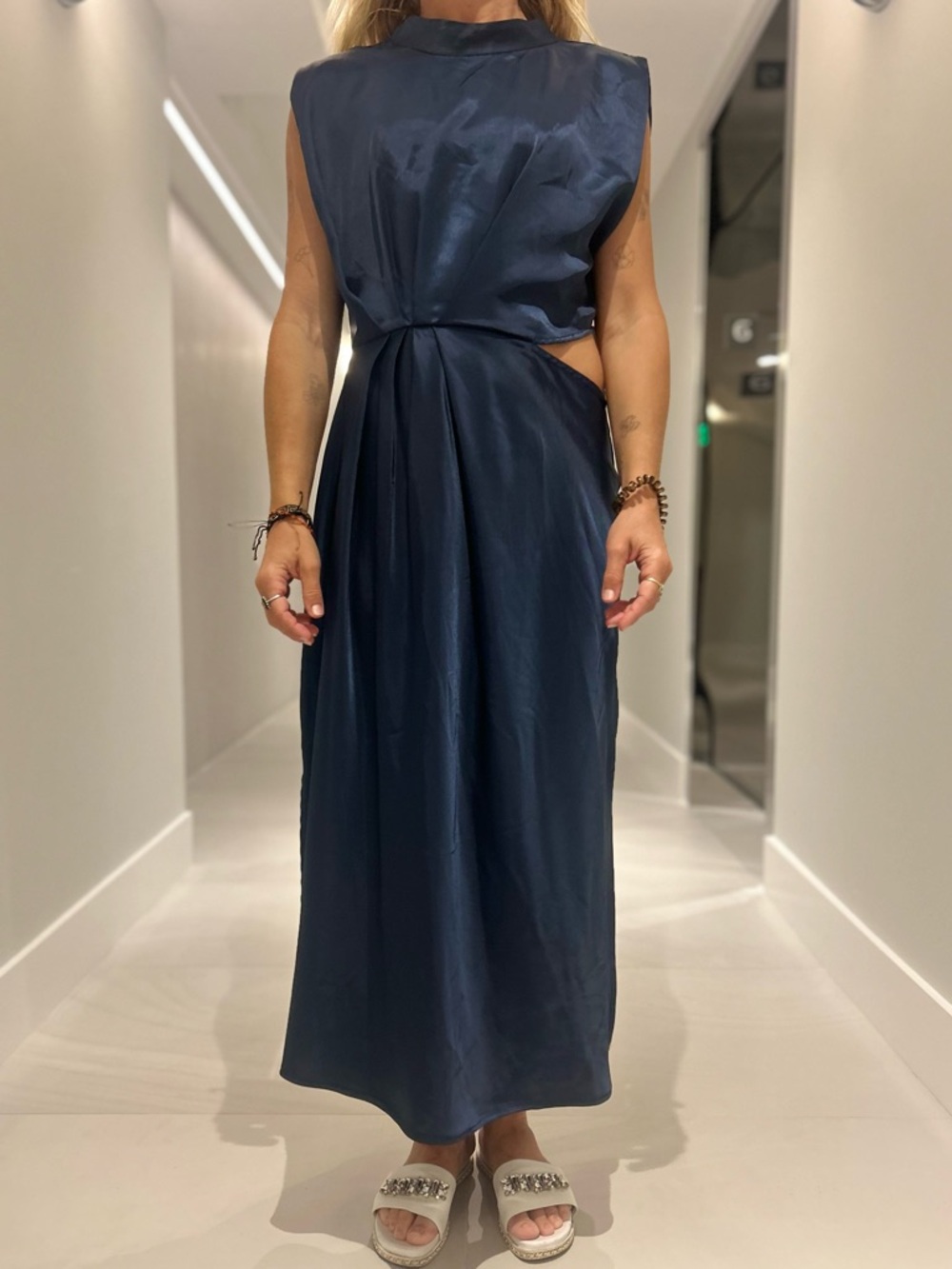 Zara Sleeveless Navy Cutout Satin Maxi Dress Size L NWT